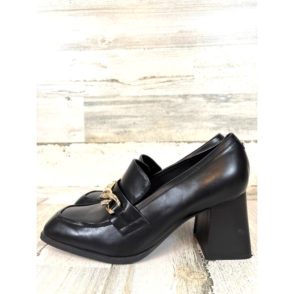 Nine West Womens 11 Black Faux Leather Zynga Chunky Heeled Loafers